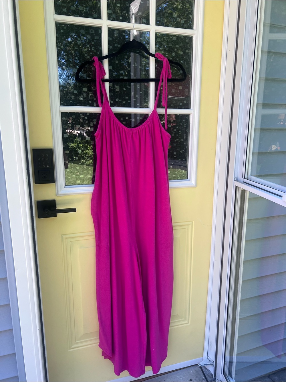 Anthropologie Hot Pink Tie-Shoulder Terry Cloth Cropped Asymmetrical Jumpsuit - Picture 2 of 14